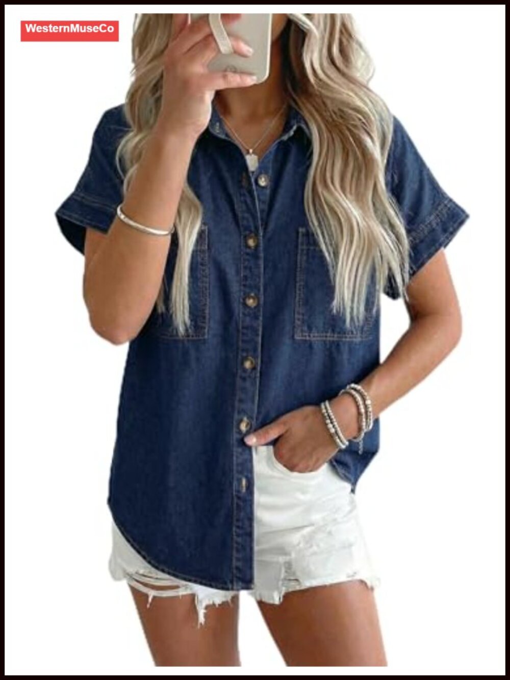 Short Sleeve Button Down Denim Shirt Relaxed Fit Collared Jean Top